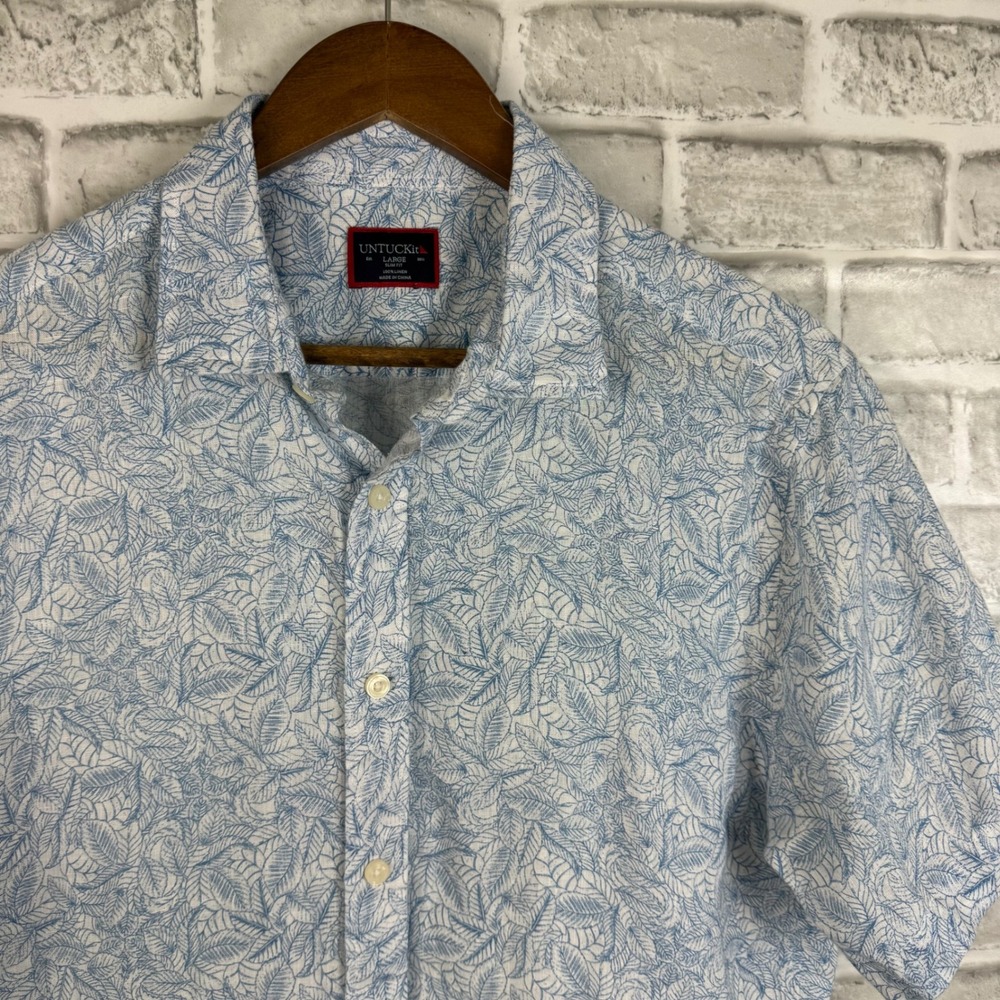 UNTUCKit Terlan Slim Fit Linen Shirt Mens Large Light Blue White Leaf Print